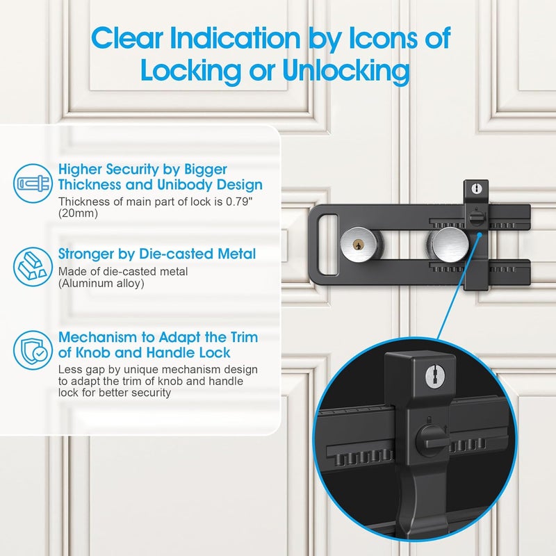 AST Double Door Lockout Device, French Door Reinforcement Lock with 3 Keys, Lockout to Double Door Knobset and Handleset, Childproof Door Lock, Premium Version (Matte Black with Key Alike) - Image 4